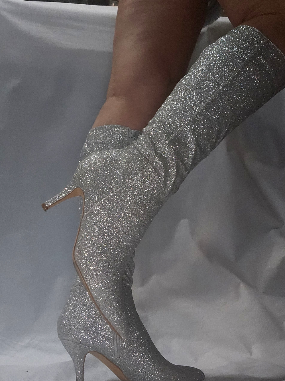 Glitter Silver Mid-Calf Stiletto Kitten Heel Boots Womens Size 7